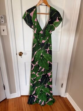 Nasty Gal Pink & Green Tropical Leaf Maxi Dress